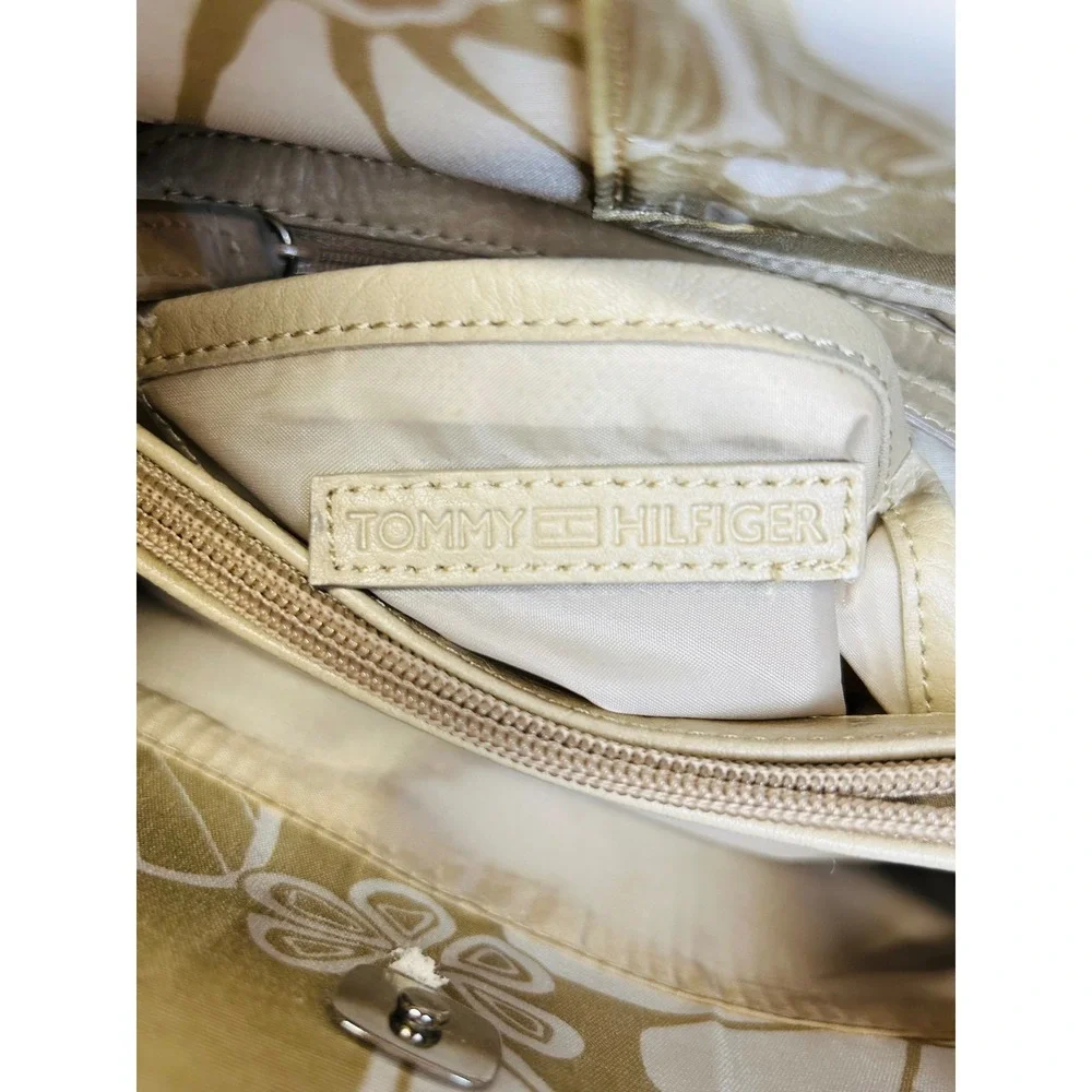 Tommy Hilfiger Khaki White Striped Bucket Bag Crossbody Tan Trim NEW